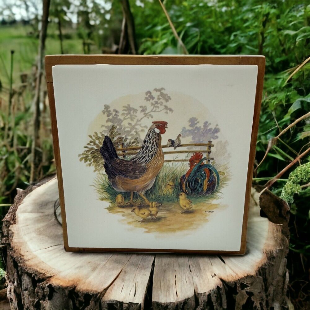 H. Arndt Vintage Rooster Hen Chicks Ceramic Trivet Tile Wood Frame Japan